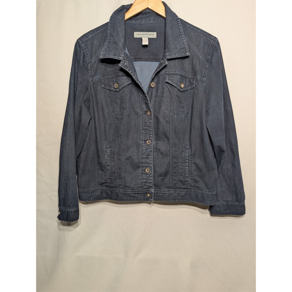CHICOS PLATINUM DENIM Women's Dark Wash Jean Jacket Size 3 XL 16‎ Jewel Buttons